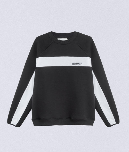 Golf Fashion Black sweatshirt with a white stripe and 'REBOLF' branding 