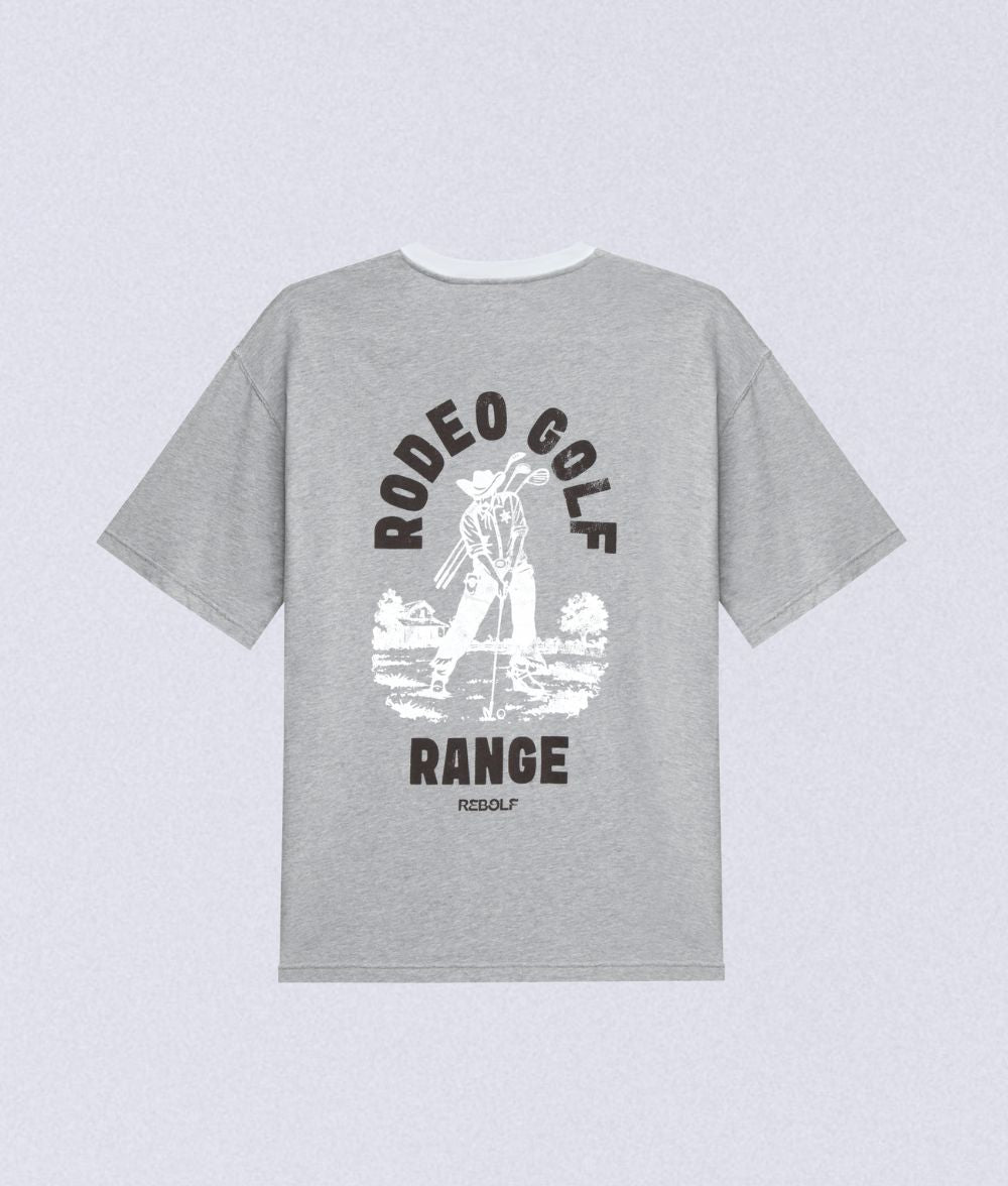 Golf Apparel Gray Rebolf t-shirt with 'Rodeo Golf' graphic on a light gray background