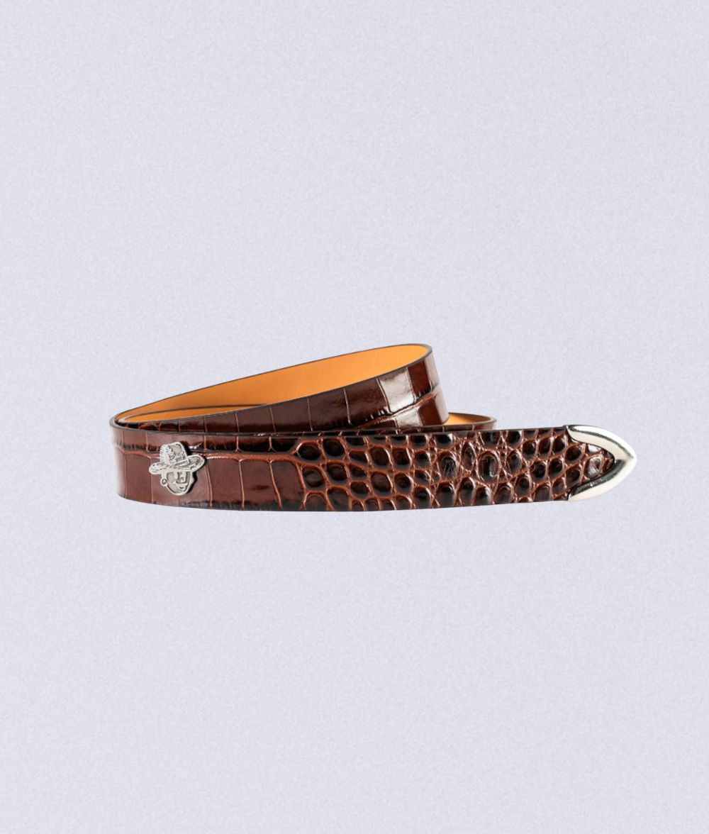 Rebolf Golf Fashion Brown crocodile-patterned belt with a silver buckle and a golf ball maker of caddy 
