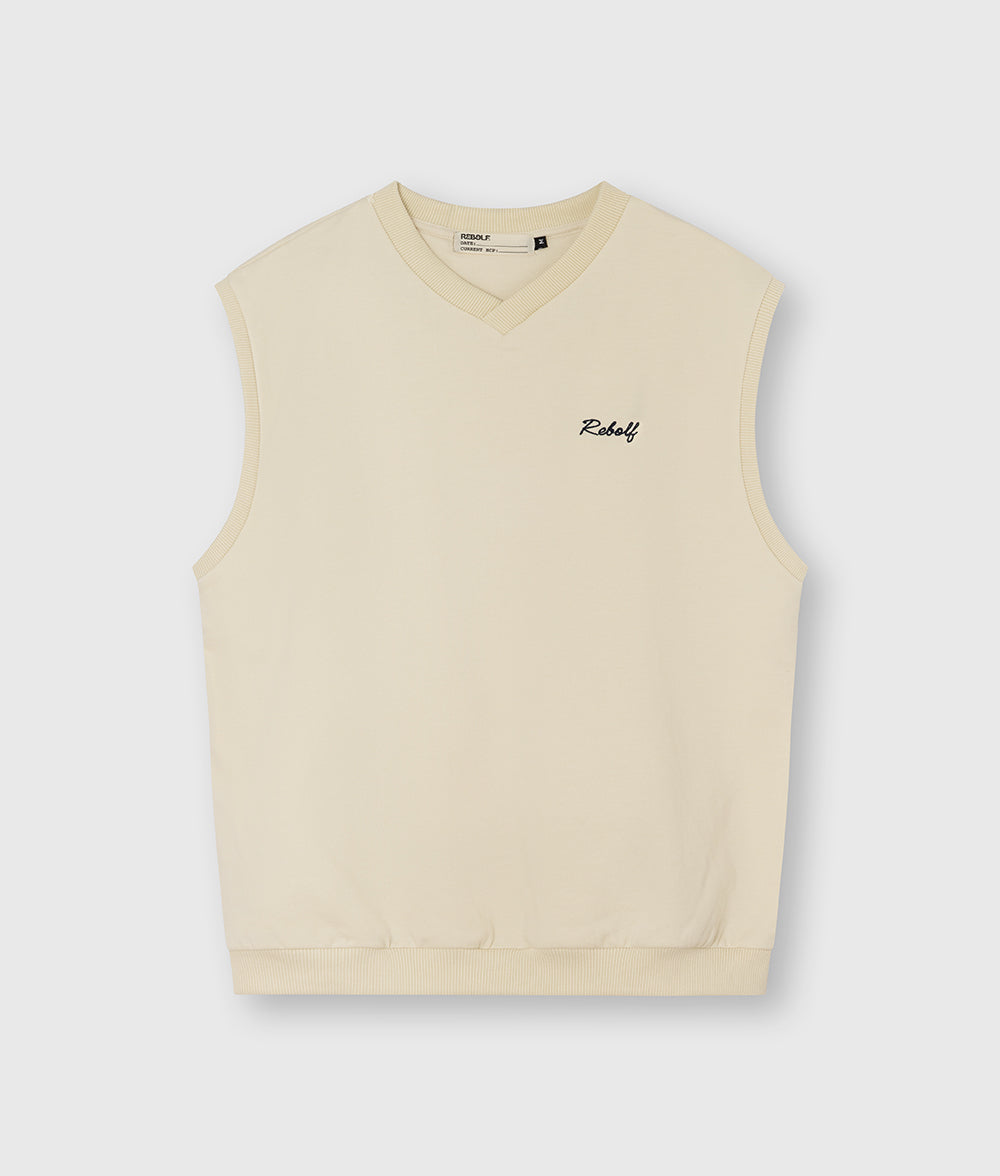 Beige sweater vest with 'REBOLF' branding 